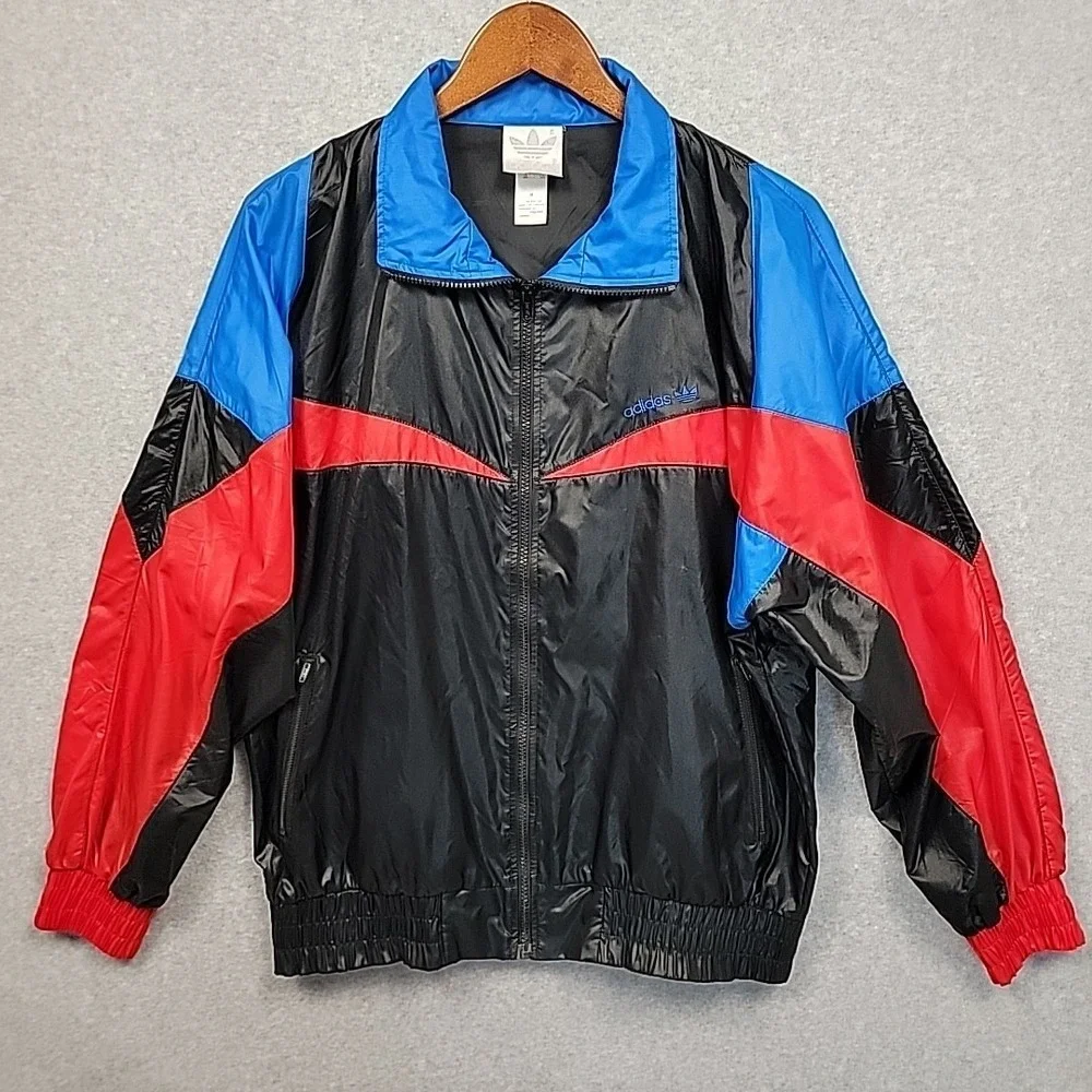 VTG Adidas Jacket Mens Medium Blue Black Retro Colorblock Windbreaker Bomber 90s